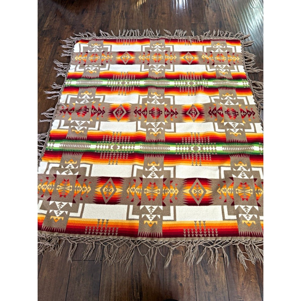 Vintage Pendleton Beaver State Chief Joseph Wool Blanket Aztec Fringed 62x53